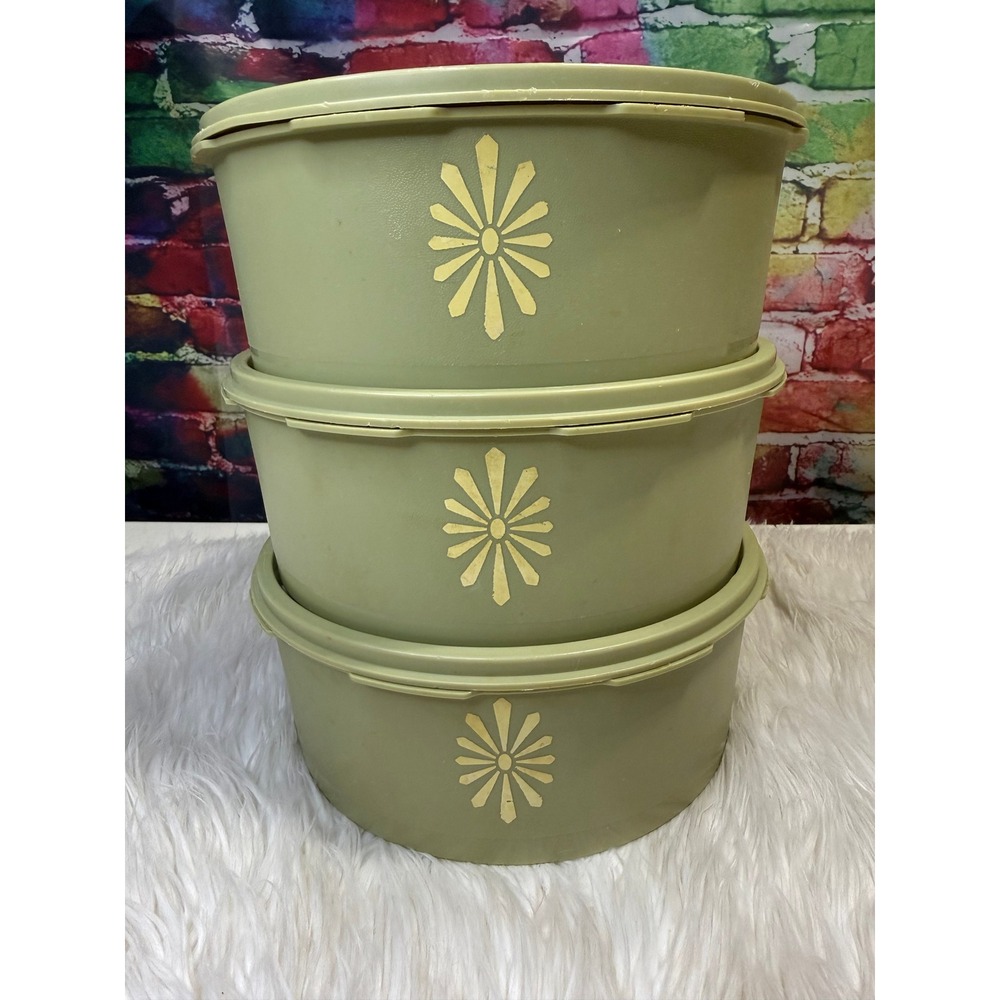 Vintage Tupperware Servalier Set of 3 Avocado Green White Starburst Canisters